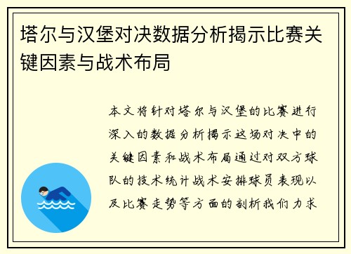 塔尔与汉堡对决数据分析揭示比赛关键因素与战术布局