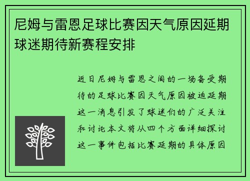 尼姆与雷恩足球比赛因天气原因延期球迷期待新赛程安排