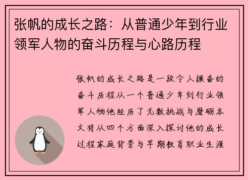 张帆的成长之路：从普通少年到行业领军人物的奋斗历程与心路历程